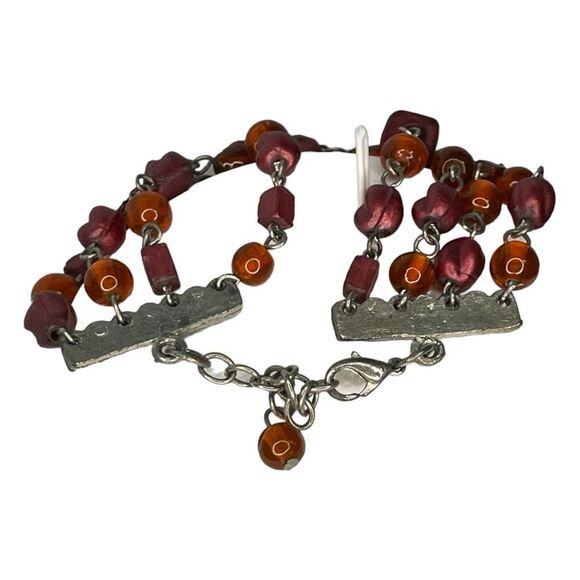 Vintage 80s Beaded Bracelet Red Silver Tone Metal Chain Link Glass - Picture 5 of 5